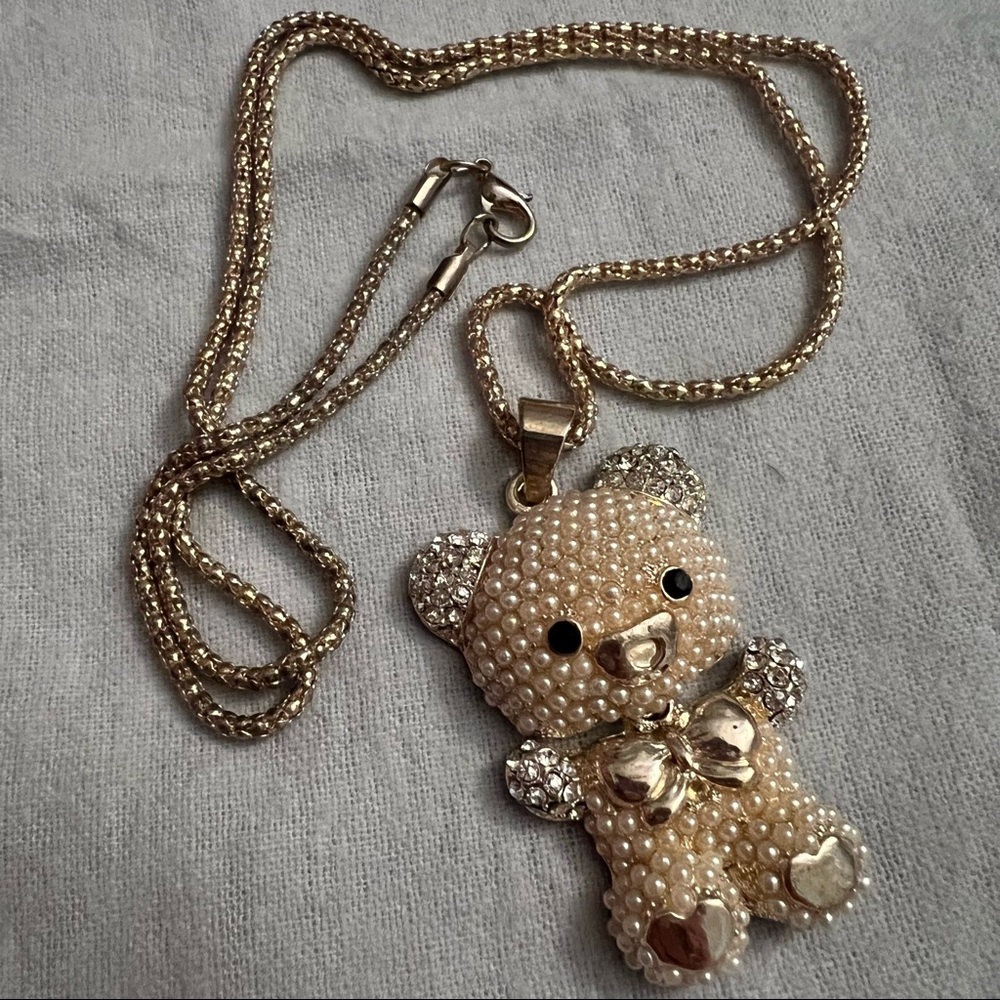 Betsey Johnson Bear Pearl & Rhinestone Pave Charm Long Necklace